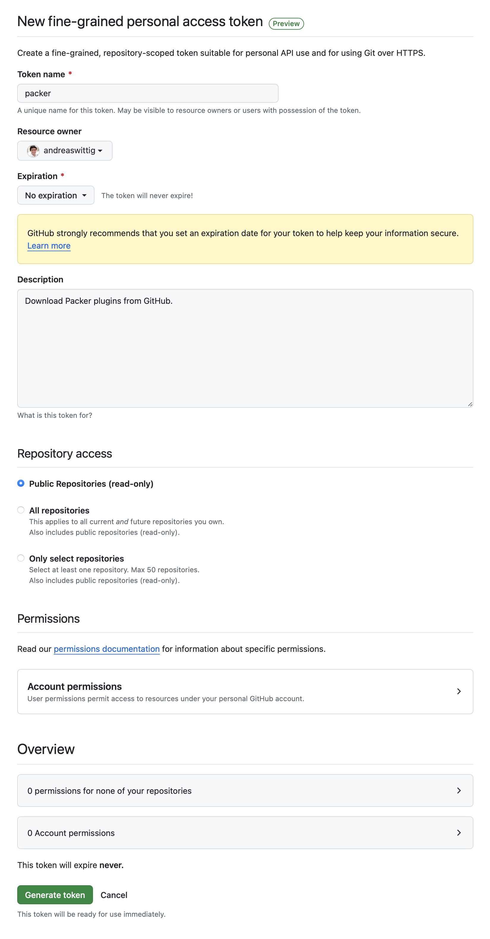 Create a fine-grained GitHub personal access token granted read access to public repositories