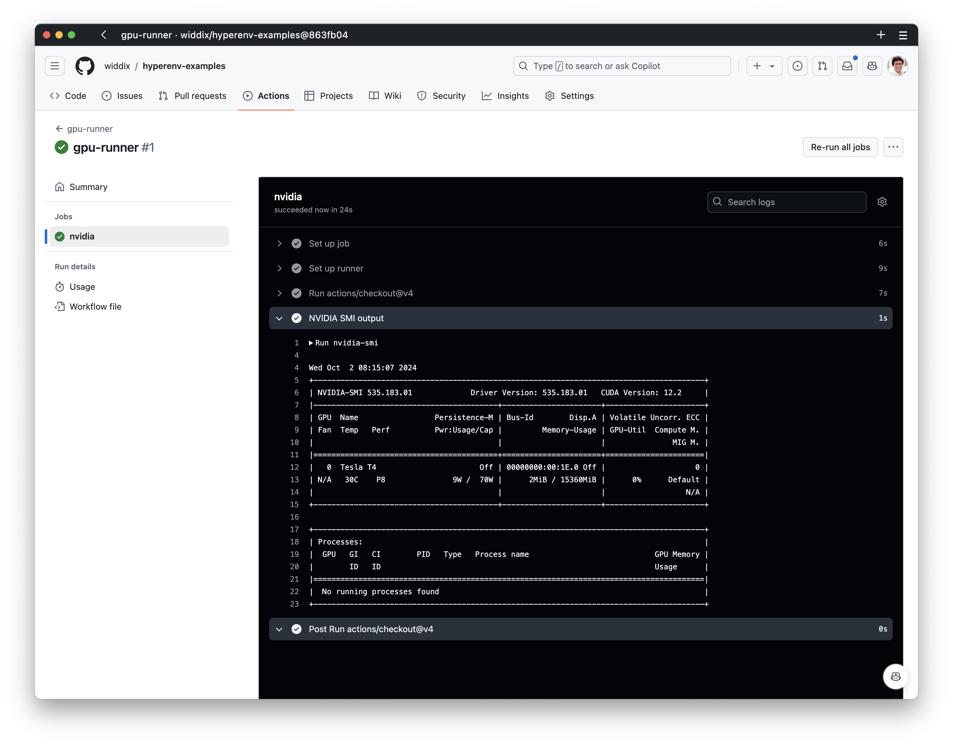 GitHub job running on HyperEnv with access to NVIDIA T4 GPU